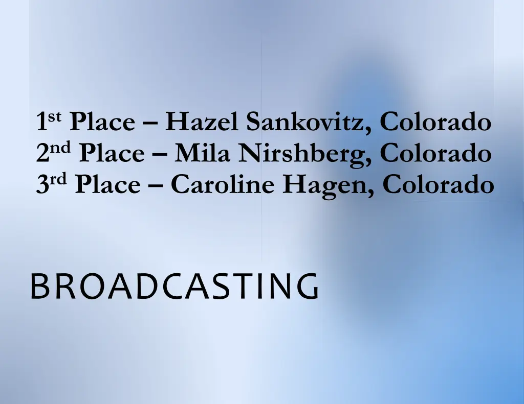 1 st place hazel sankovitz colorado 2 nd place