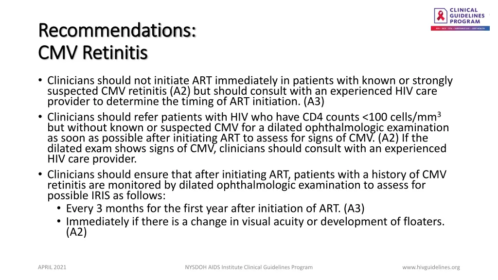 recommendations recommendations cmv retinitis