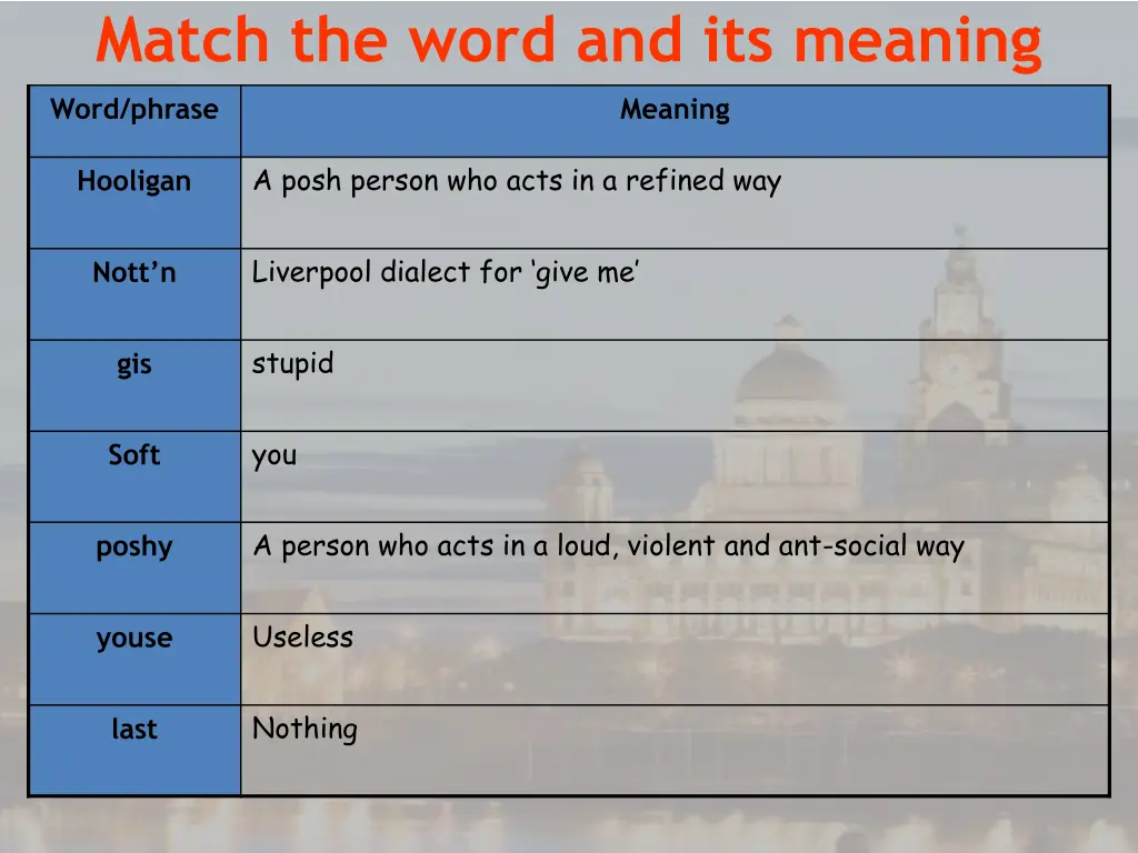 match the word and its meaning