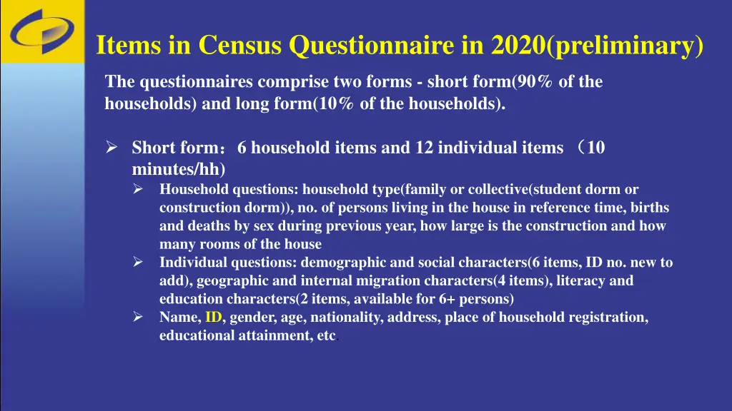 items in census questionnaire in 2020 preliminary