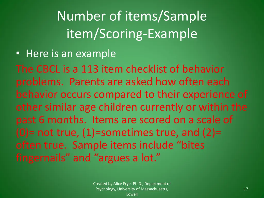 number of items sample item scoring example here