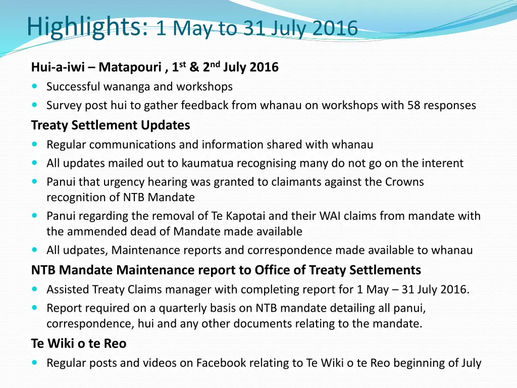 highlights 1 may to 31 july 2016