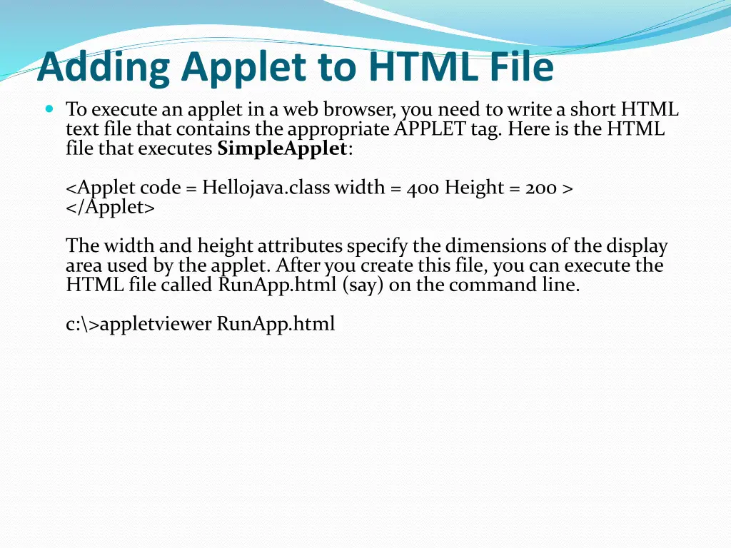 adding applet to html file to execute an applet