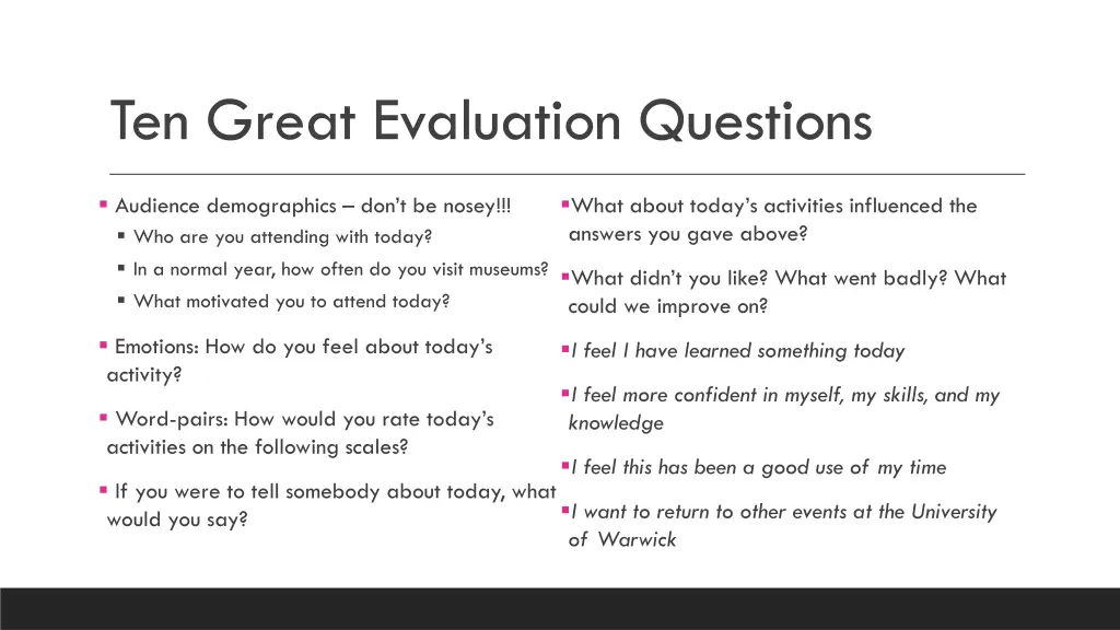 ten great evaluation questions