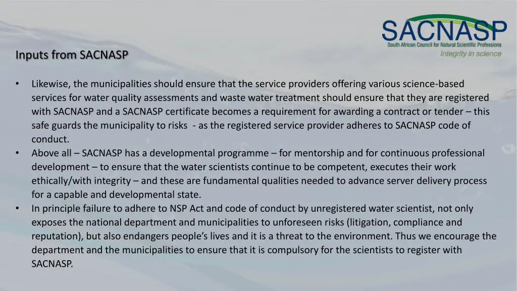 inputs from sacnasp