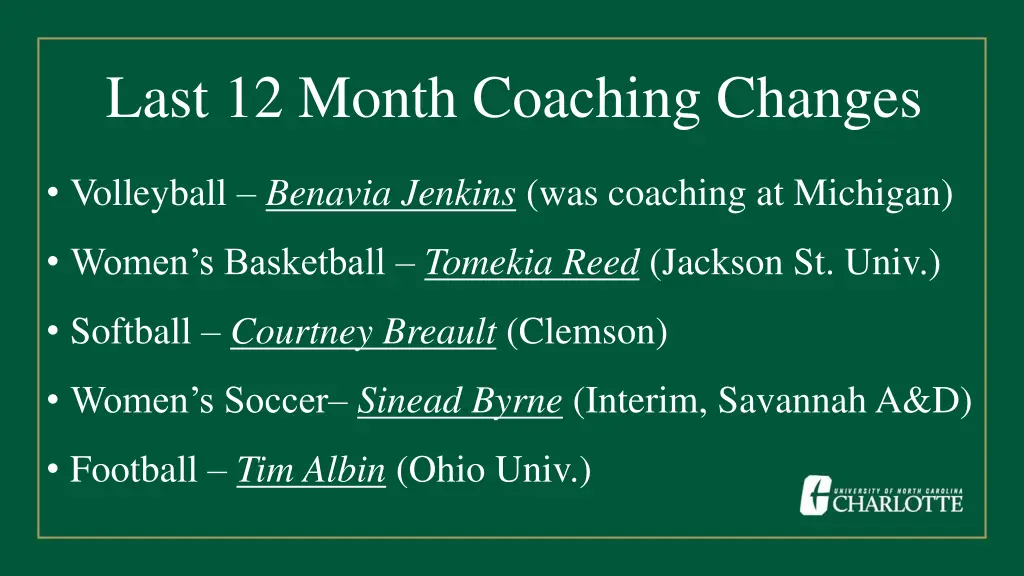last 12 month coaching changes