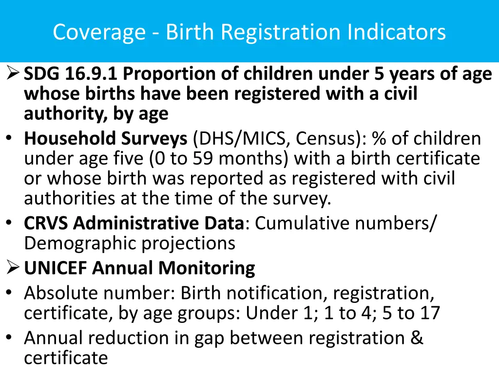 coverage birth registration indicators
