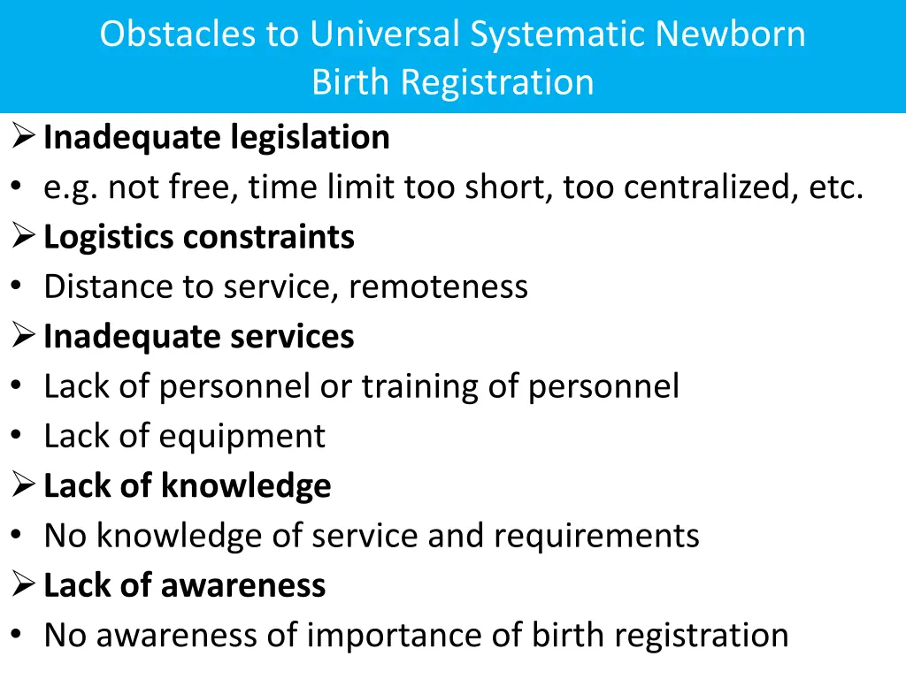 obstacles to universal systematic newborn birth