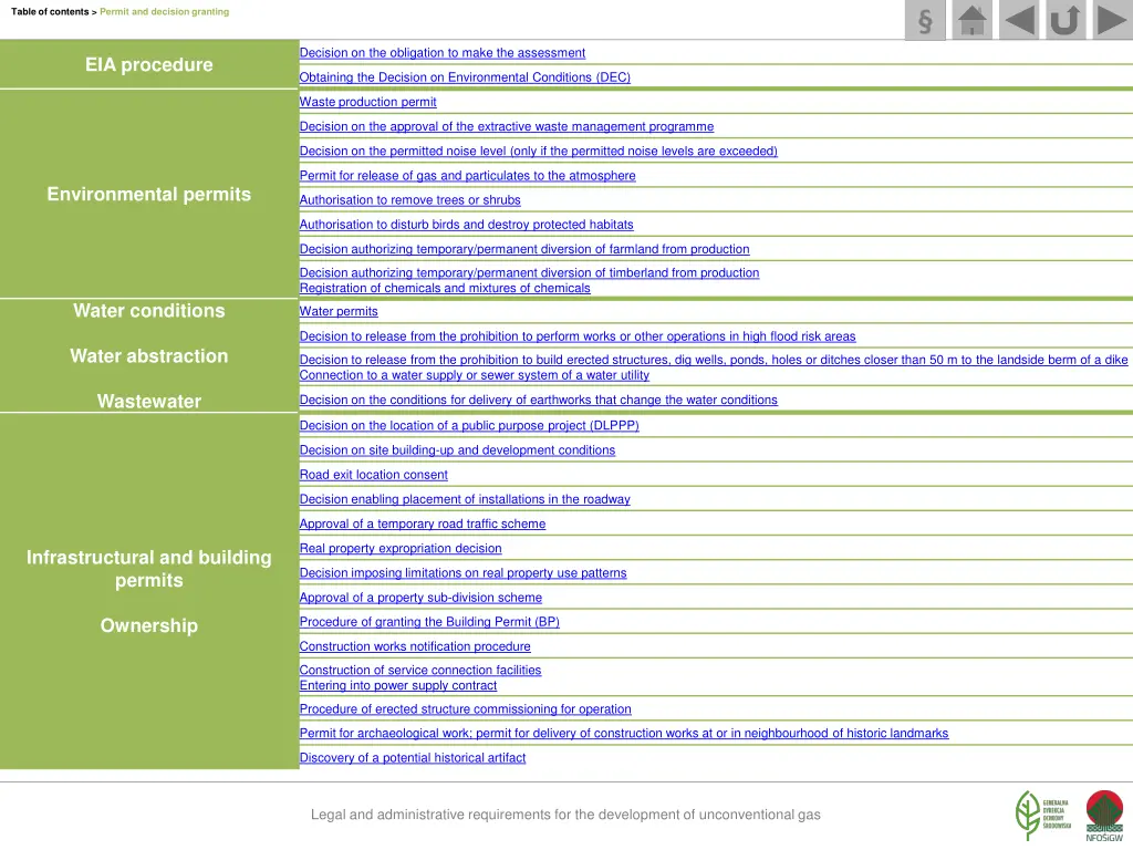 table of contents permit and decision granting