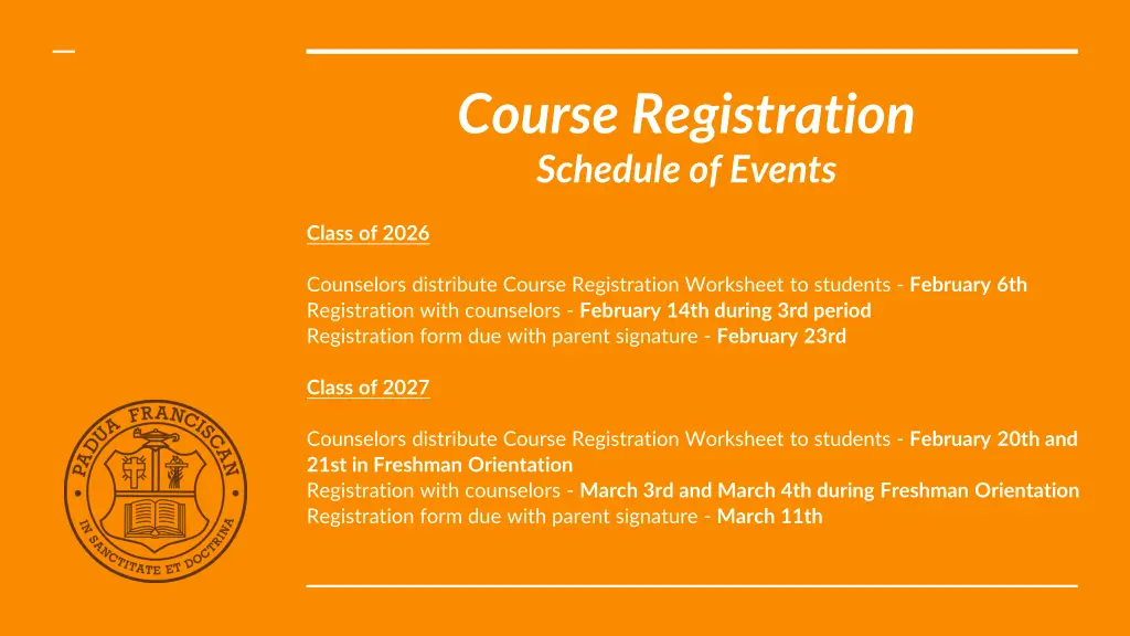 course registration schedule of events