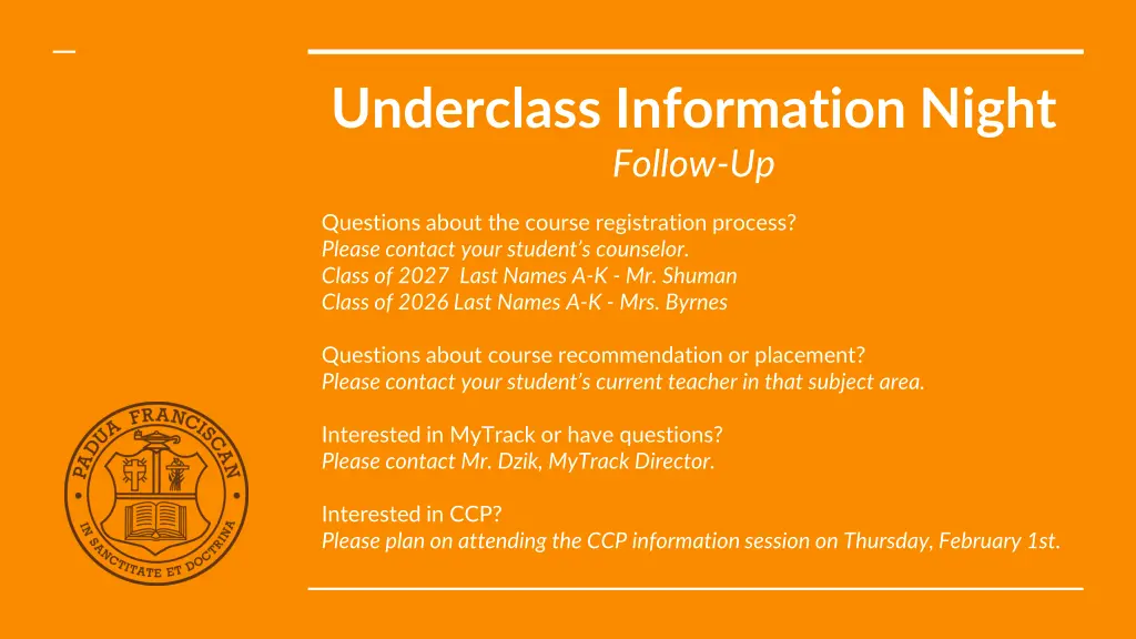 underclass information night follow up