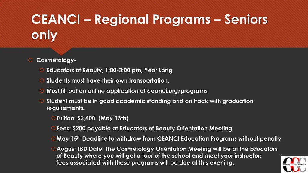 ceanci regional programs seniors only