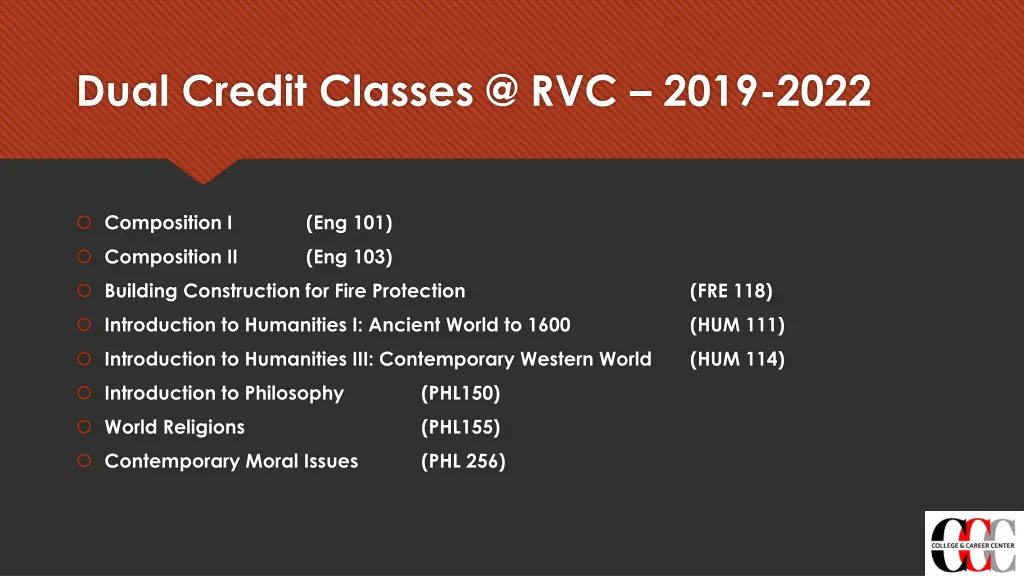 dual credit classes @ rvc 2019 2022