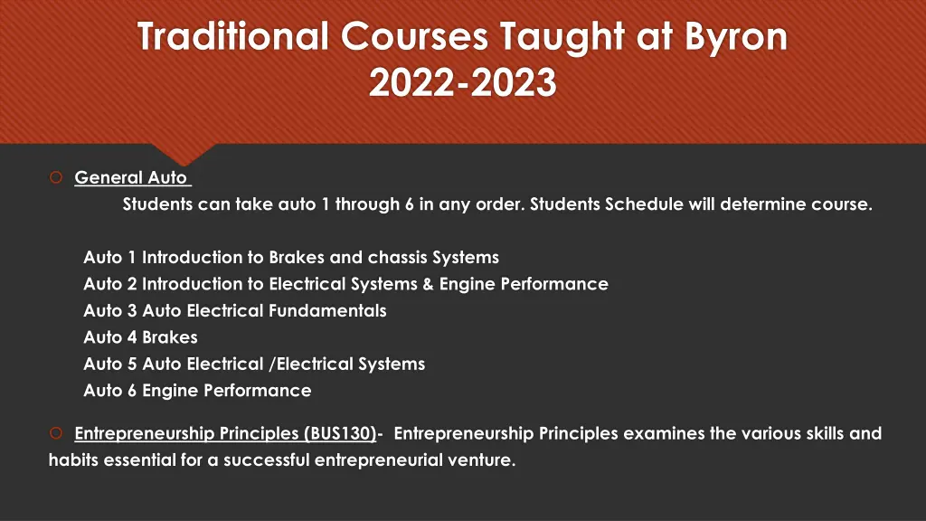 traditional courses taught at byron 2022 2023