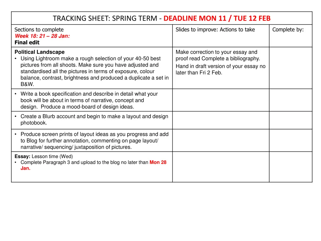 tracking sheet spring term deadline 2