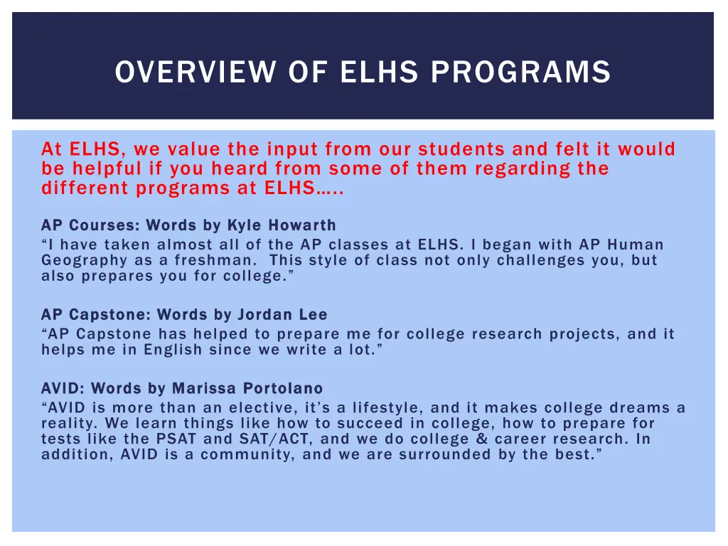 overview of elhs programs