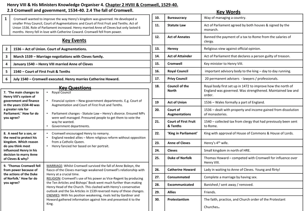 henry viii his ministers knowledge organiser 3