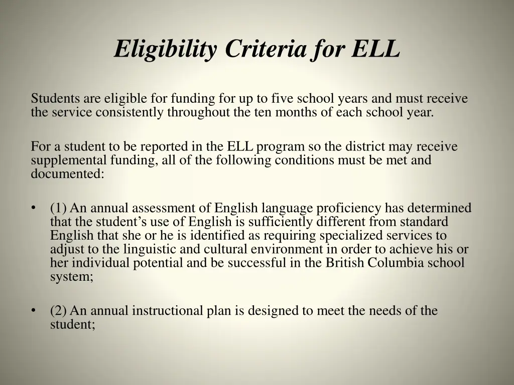eligibility criteria for ell