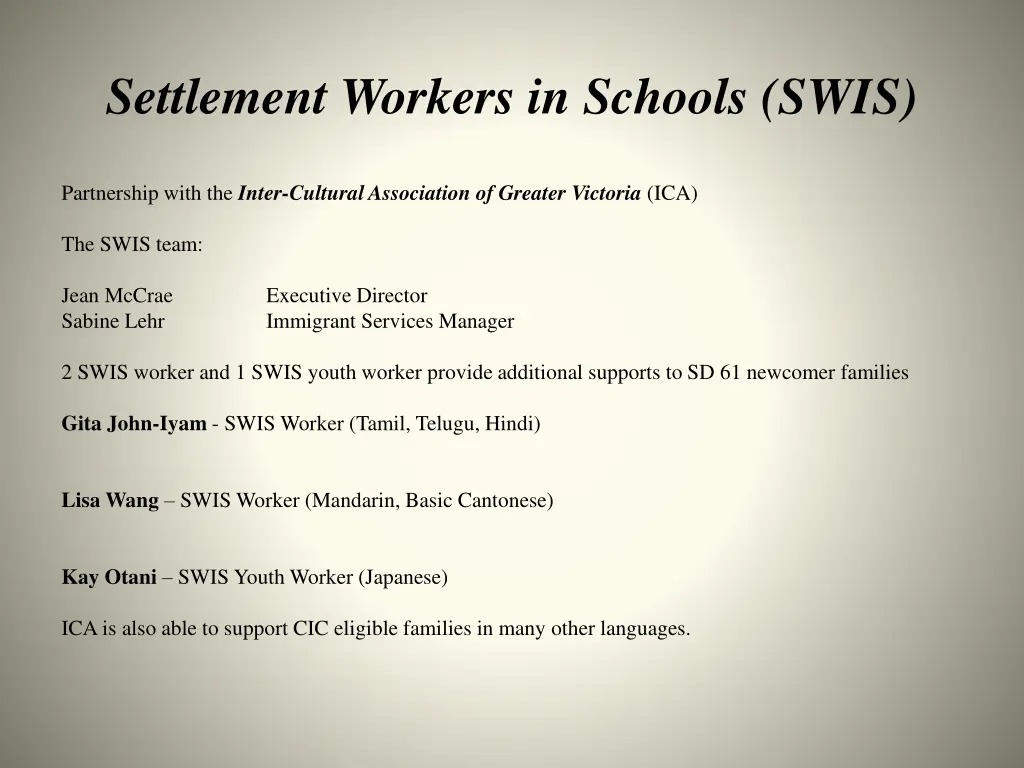 settlement workers in schools swis
