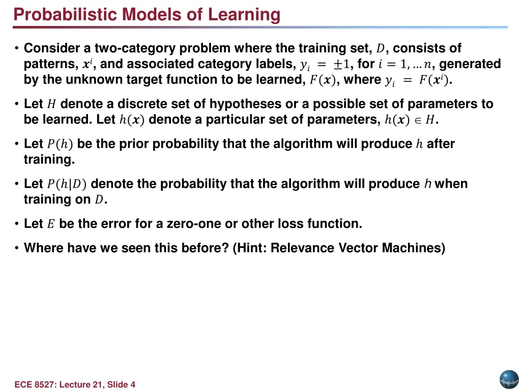 probabilistic models of learning