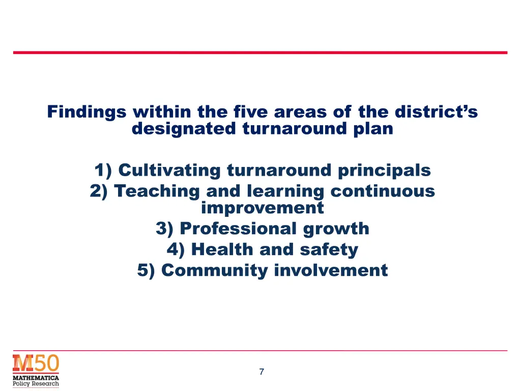 findings within the five areas of the district