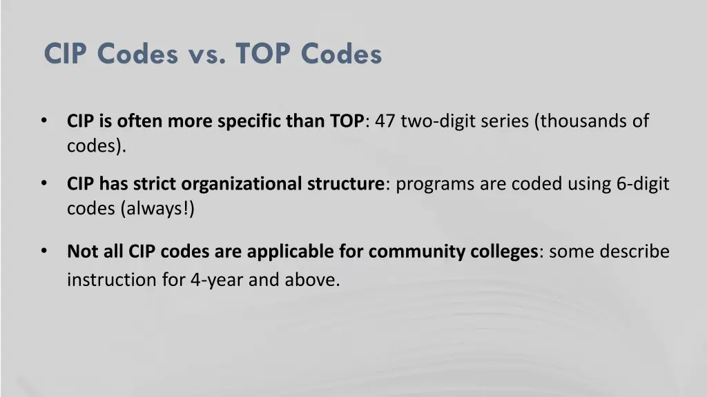 cip codes vs top codes
