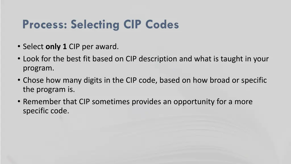 process selecting cip codes