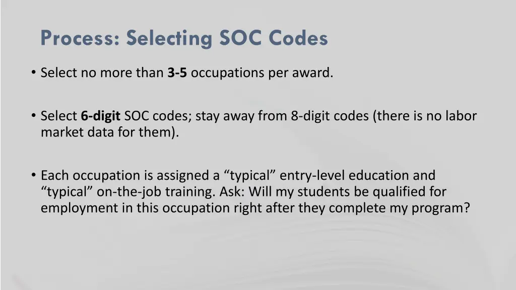 process selecting soc codes