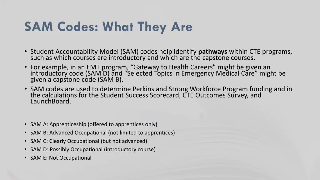 sam codes what they are