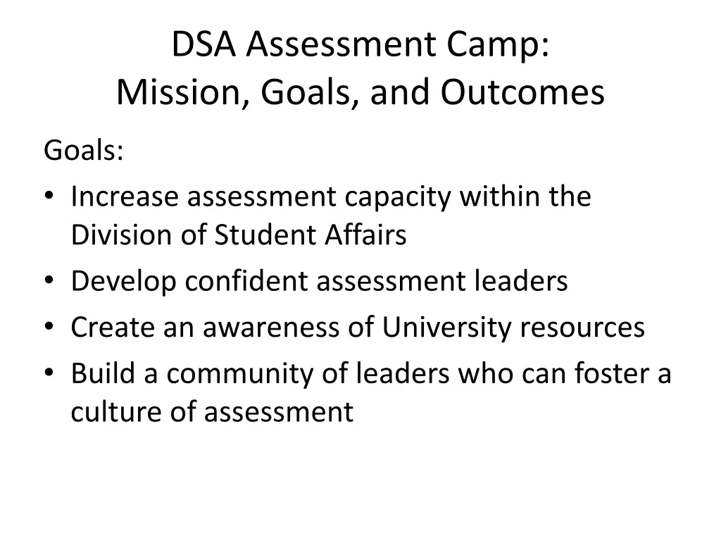 dsa assessment camp mission goals and outcomes 1