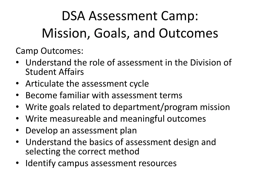 dsa assessment camp mission goals and outcomes 2