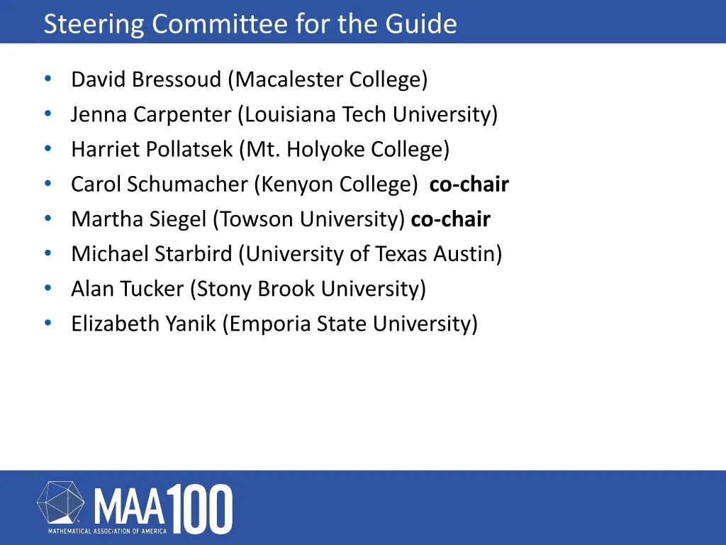 steering committee for the guide