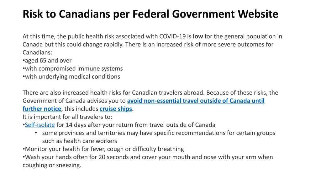 risk to canadians per federal government website