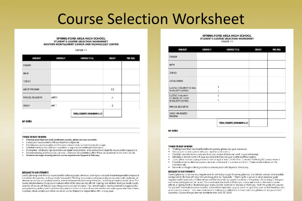 course selection worksheet