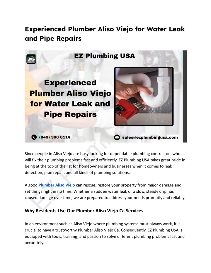 experienced plumber aliso viejo for water leak