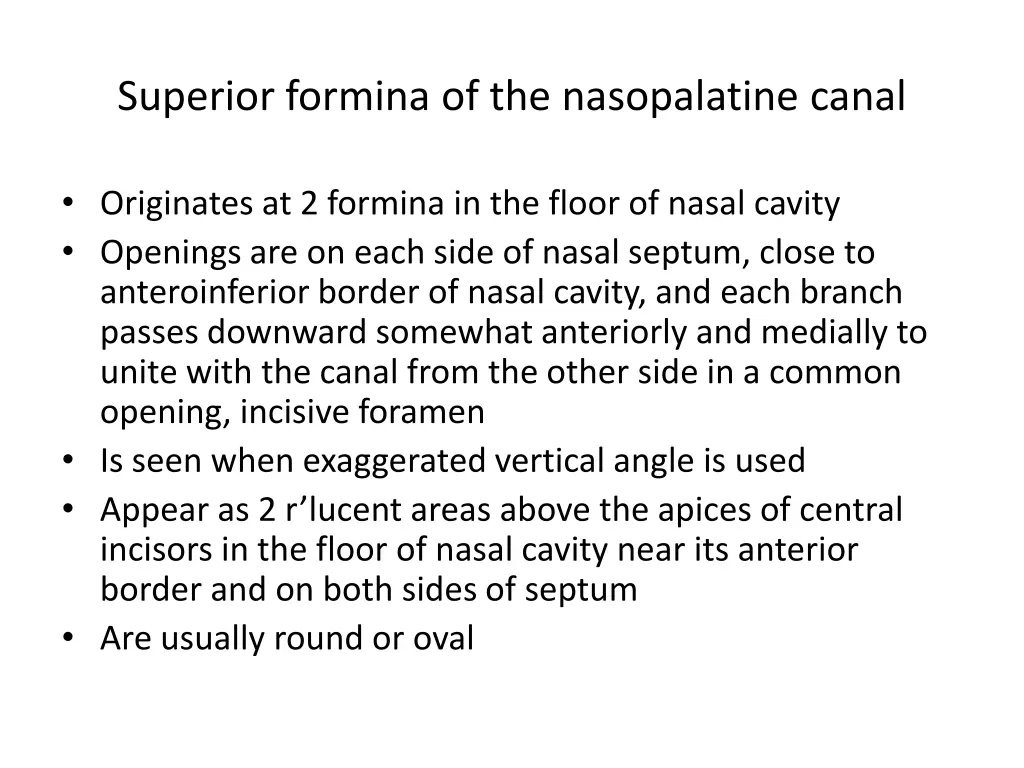 superior formina of the nasopalatine canal