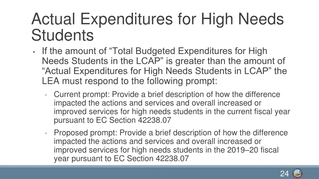 actual expenditures for high needs students