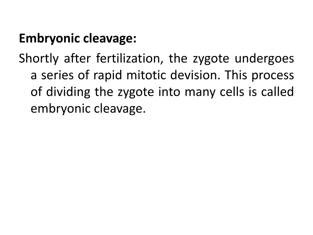 embryonic cleavage shortly after fertilization