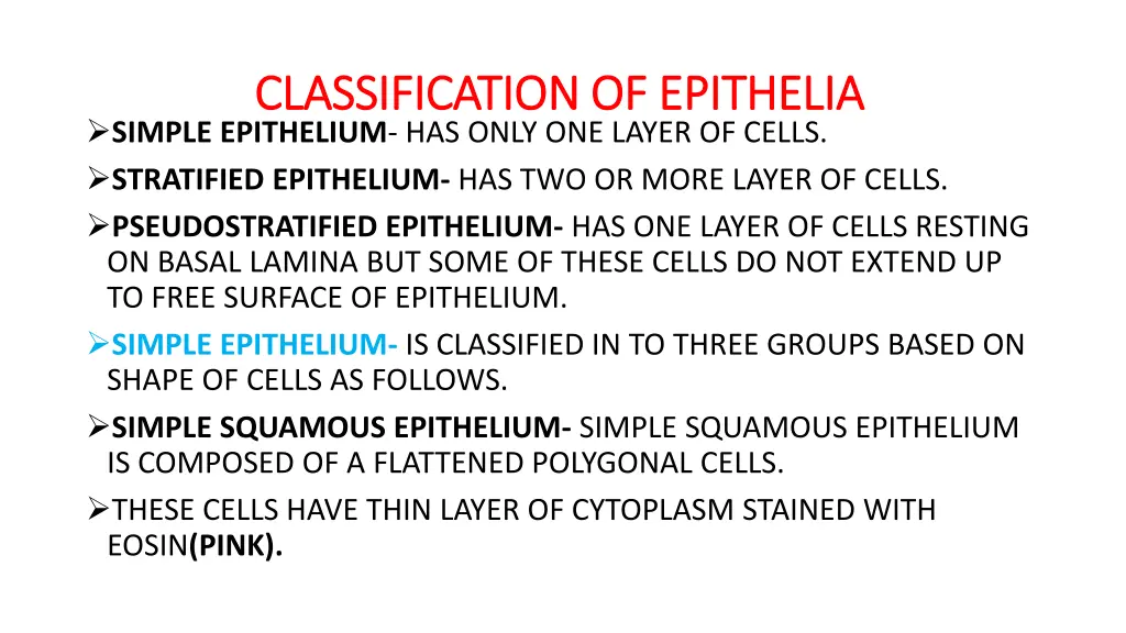classification of epithelia classification