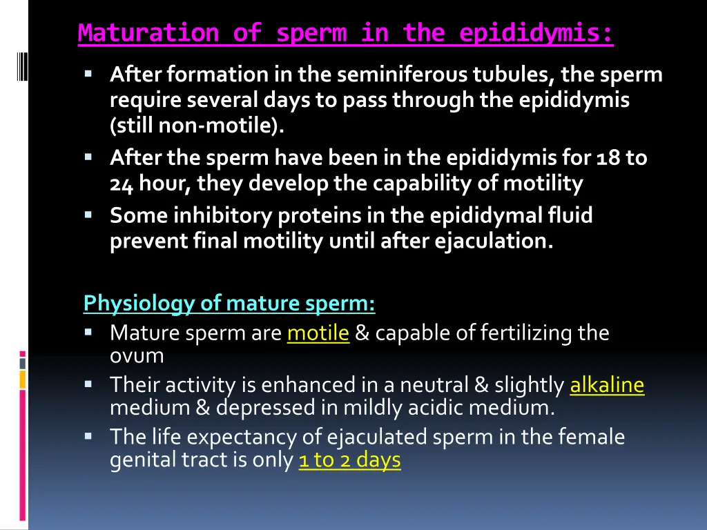 maturation of sperm in the epididymis