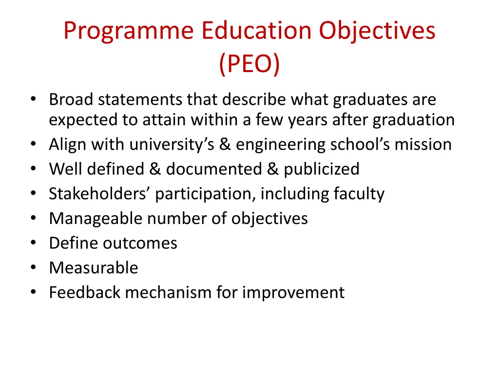 programme education objectives peo broad