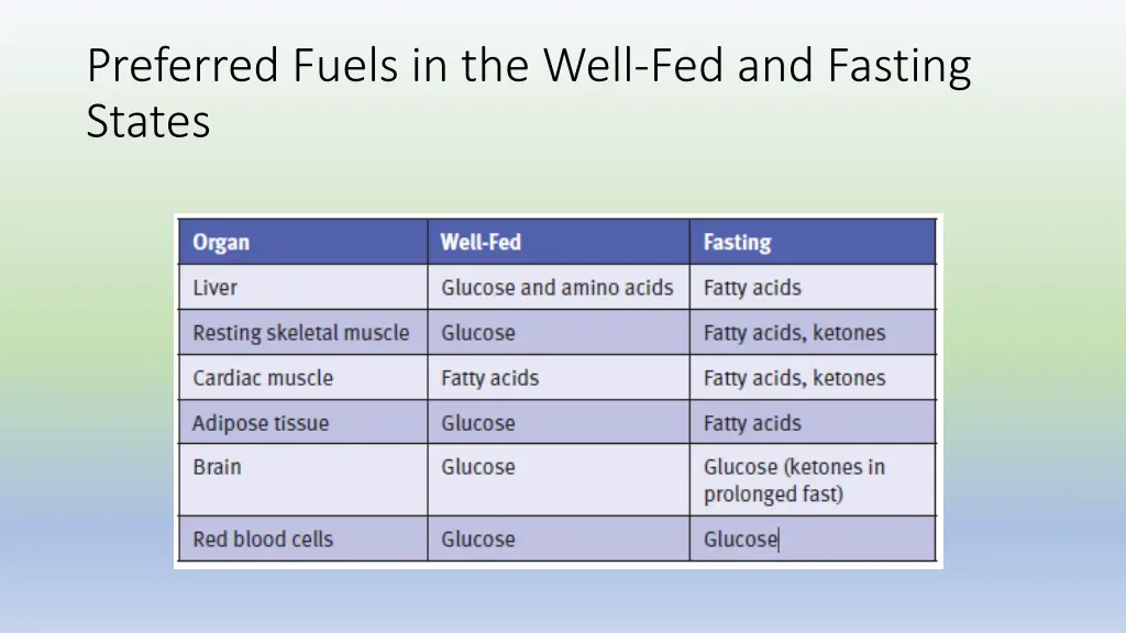 preferred fuels in the well fed and fasting states