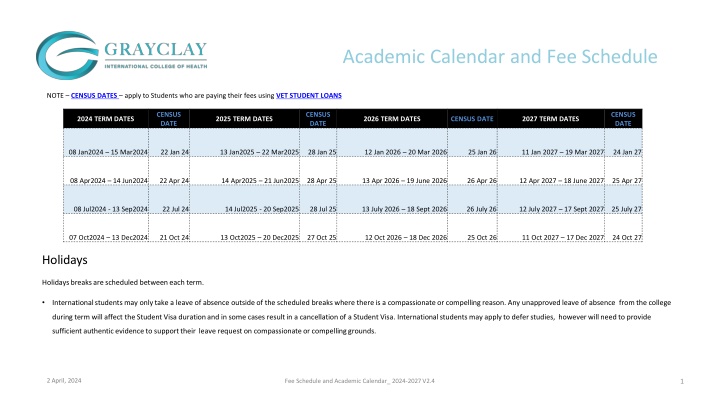 academic calendar and fee schedule