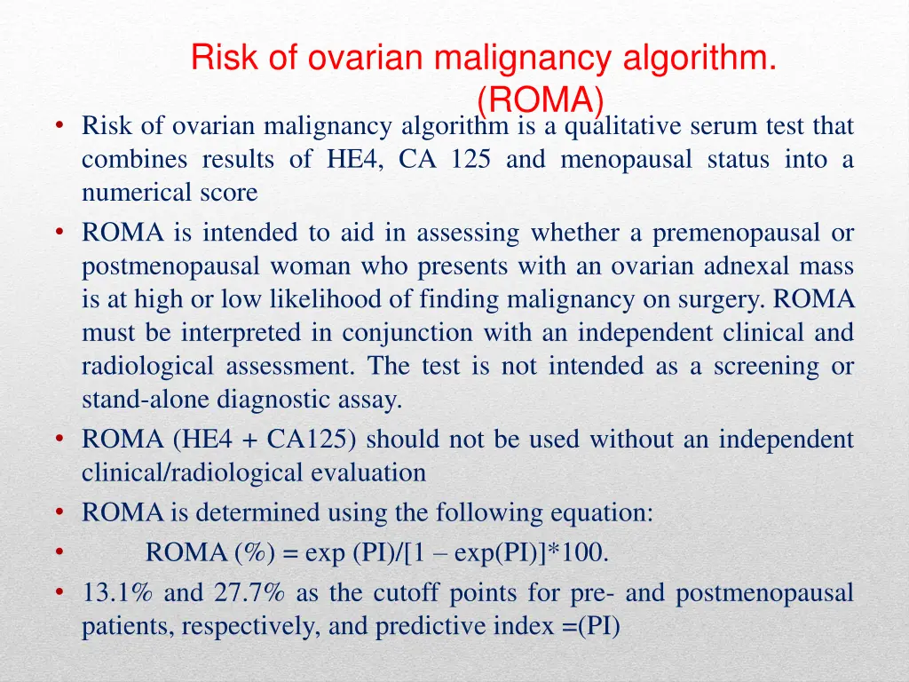risk of ovarian malignancy algorithm roma risk