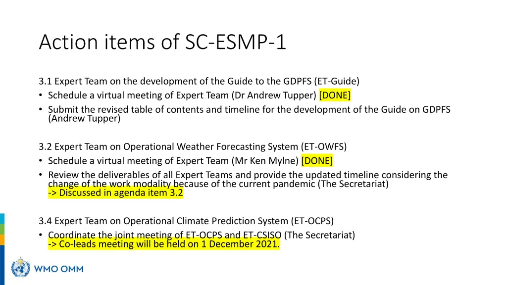 action items of sc esmp 1