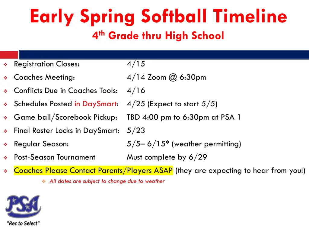 early spring softball timeline 4 th grade thru