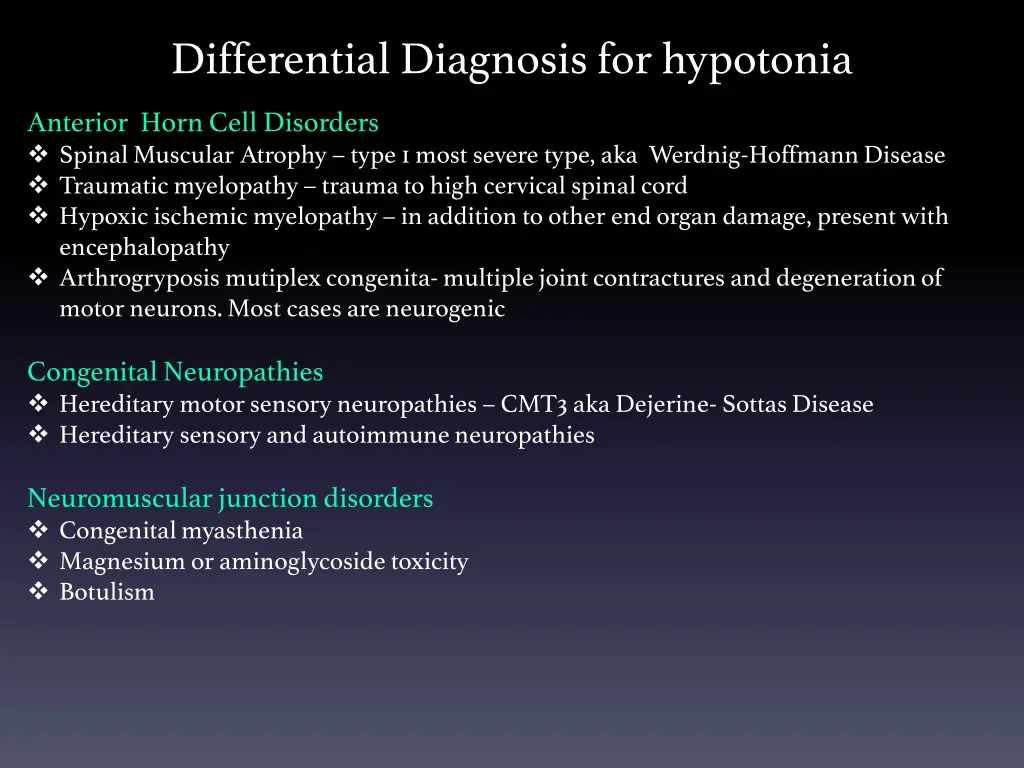 differential diagnosis for hypotonia 1