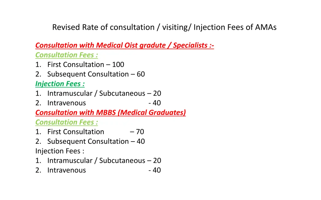 revised rate of consultation visiting injection