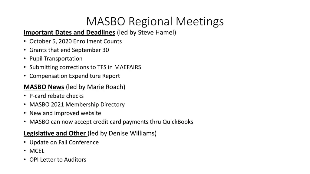 masbo regional meetings important dates