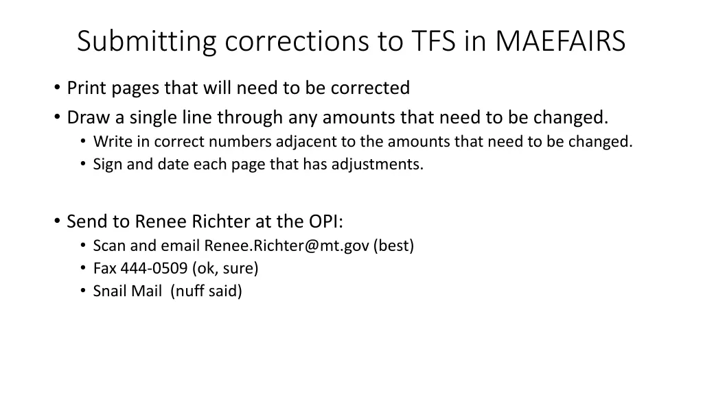 submitting corrections to tfs in maefairs 1